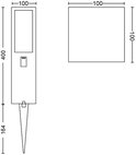 Technische tekening van een staande lamp met afmetingen 100x400+164x100mm en een vierkant element 100x100mm.
