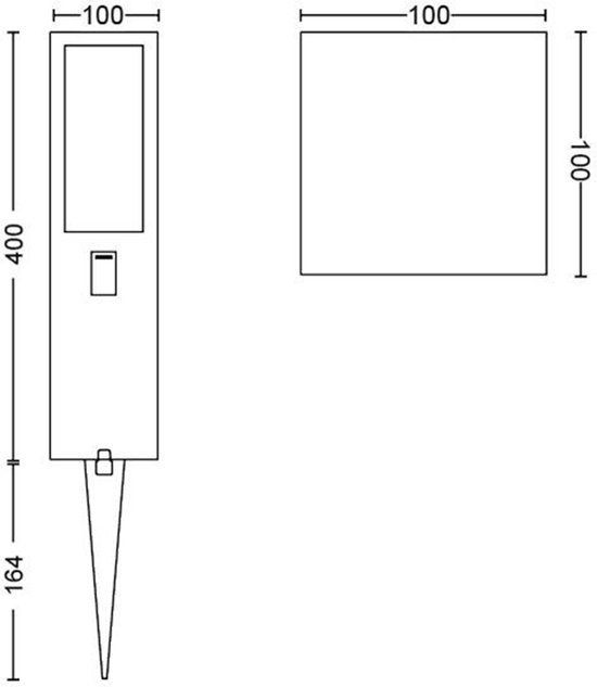Technische tekening van een staande lamp met afmetingen 100x400+164x100mm en een vierkant element 100x100mm.