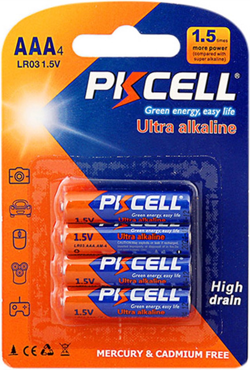 PKcell Ultra alkaline Longlife Power 1.5V AAA/AM4 LR03 | Batterijen | Alkaline | Groene energie | Duurzaam 4-stuks