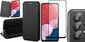 Samsung Galaxy A13 4G Hoesje - Book Case Lederen Wallet Cover Minimalistisch Pasjeshouder Hoes Zwart - Full Tempered Glass Screenprotector - Camera Lens Protector