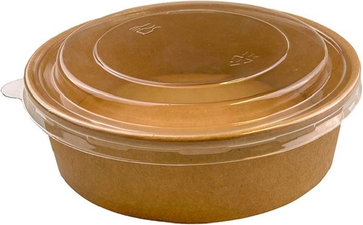 50st. Salade bowl, pokébowl, saladebak, met deksel, karton, 500ml, 46mm hoog, 148mm diameter
