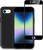 iPhone SE 2022 Hoesje + iPhone SE 2022 Screenprotector – Full Cover Gehard Glas – Suède Back Cover Case Zwart