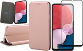 Hoesje geschikt voor Samsung Galaxy A13 4G - Book Case Lederen Wallet Cover Minimalistisch Pasjeshouder Hoes Roségoud - Full Tempered Glass Screenprotector