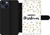 Bookcase Geschikt voor iPhone 13 telefoonhoesje - Merry Christmas - Kerst - Goud - Quotes - Spreuken - Met vakjes - Wallet case met magneetsluiting