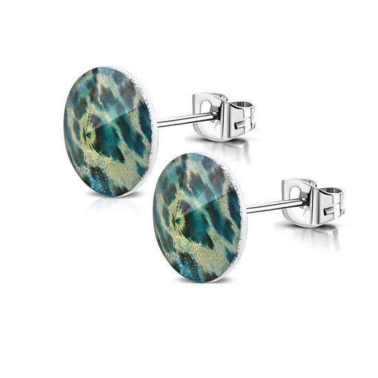 Aramat Jewels - Acryl ronde oorstekers panter-look blauw groen staal 10mm | stalen oorbellen, luipaard huid motief, trendy, mode-accessoires, uniseks, dierenmotief, opvallend, panter print