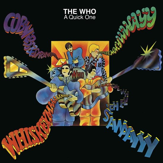 Albumhoes met vier bandleden in cartoonstijl die gitaren bespelen. Het woord 'WHO' staat op de gitaren.