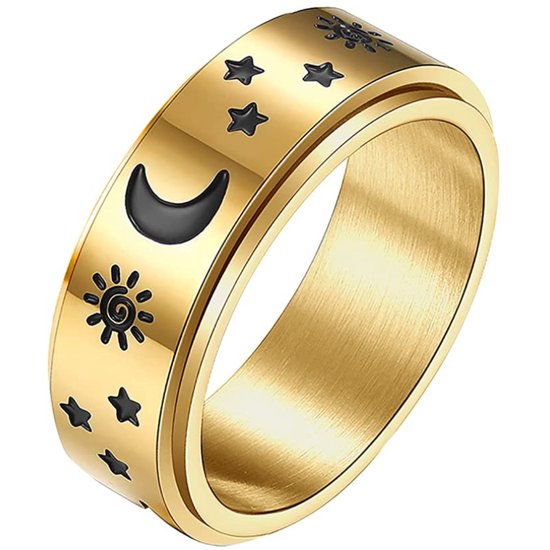 Anxiety Ring - (ster maan) - Stress Ring - Fidget Ring - Draaibare Ring - Spinning Ring - Spinner Ring - Goudkleurig RVS - (18.50 mm / maat 58)