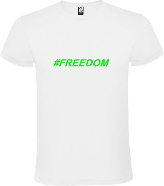 Wit  T shirt met  print van "# FREEDOM " print Neon Groen size M
