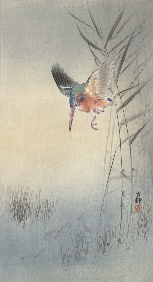 Textielframe - Ohara Koson, IJsvogel jagend op vis, full-colour print op Dekostof 60 x 110cm