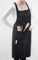 Pinafore schort van geweven linnen katoenmix/duurzame lange linnen schort voor dames en heren/ one size effen zwarte keukenschort met twee zakken/ stevige kruis rug schort