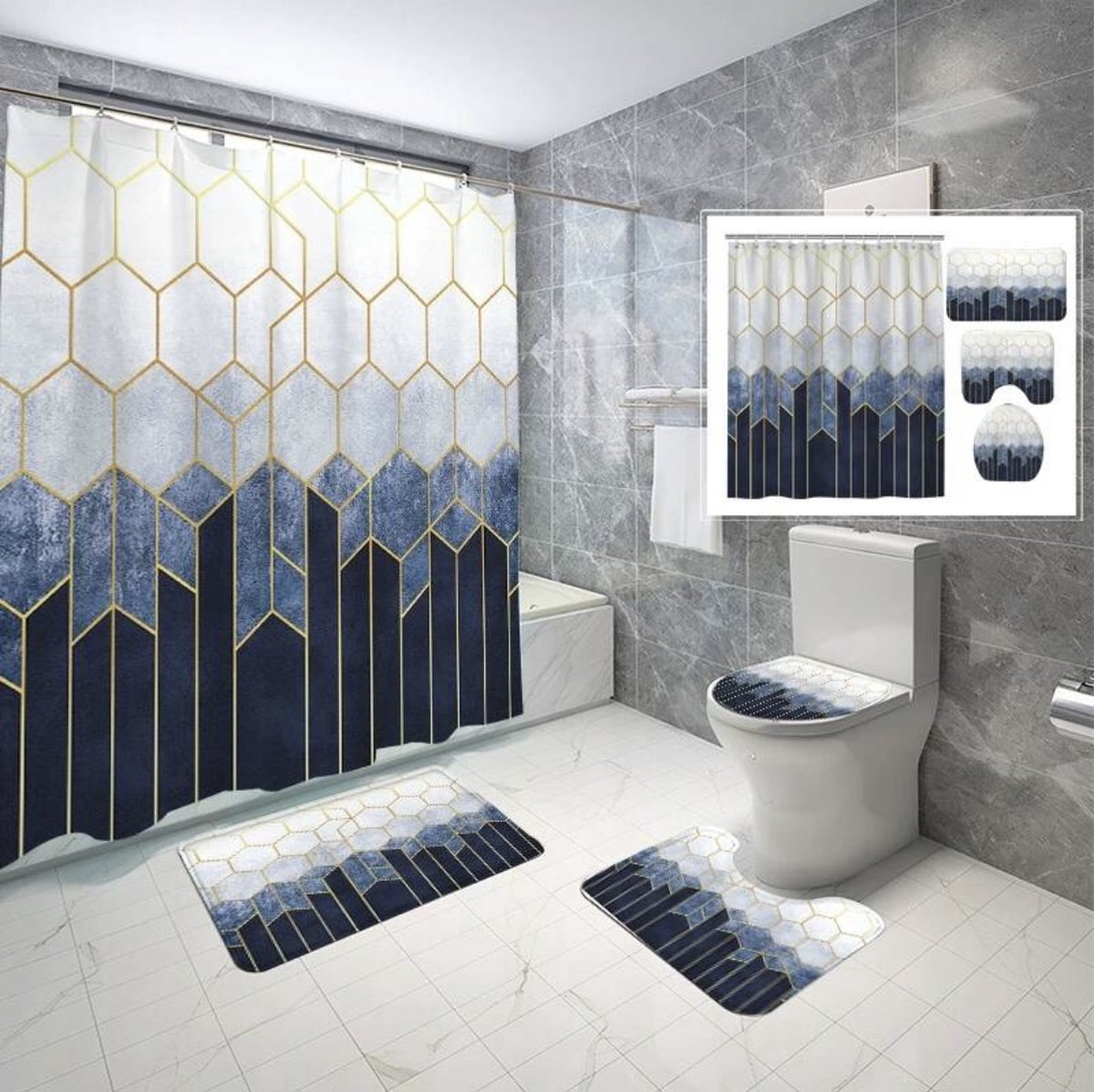 Luxe badkamer set- Set van 4 - Douchegordijn 180x180 - Badmatten set - Wc mat - Toiletbril hoes - Toiletmat - Badkamer mat 50x 80 - Wit met blauwe details - Antislip - Zacht - Kwaliteitsmat - Luxe design