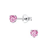 Joy|S - Zilveren petit hartje oorbellen - 4 mm - gehodineerd - roze zirkonia - kinderoorbellen