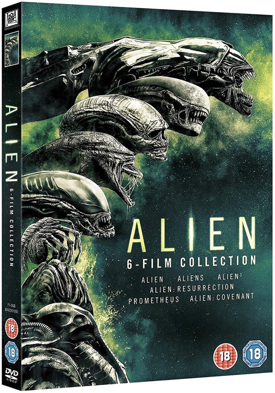 De voorkant van de Alien 6-filmcollectie DVD-box, met afbeeldingen van 6 Xenomorphs op een groene, rokerige achtergrond. Tekst: 'ALIEN 6-FILM COLLECTION'.