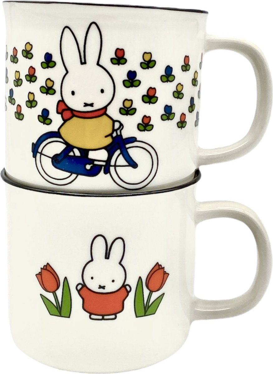 Nijntje Mokken - Fiets - Tulpen Rood - Keramiek - Retro - Set van 2
