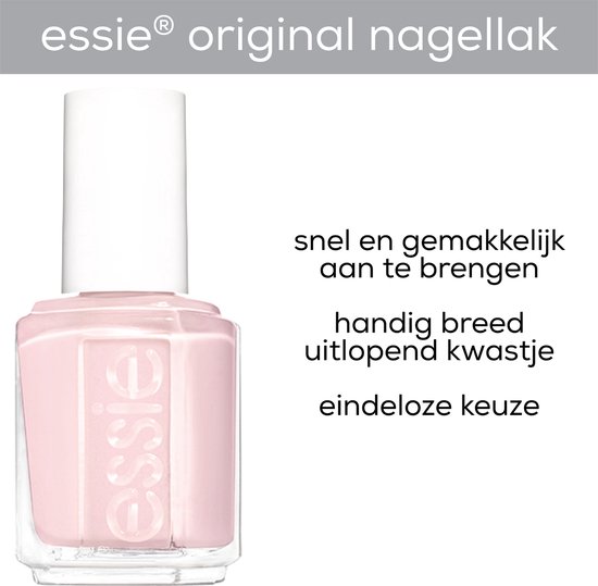 Essie nagellakflesje met lichtroze lak en witte dop, met tekst "essie original nagellak".