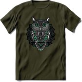 Uil - Dieren Mandala T-Shirt | Aqua | Grappig Verjaardag Zentangle Dierenkop Cadeau Shirt | Dames - Heren - Unisex | Wildlife Tshirt Kleding Kado | - Leger Groen - L