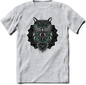 Uil - Dieren Mandala T-Shirt | Aqua | Grappig Verjaardag Zentangle Dierenkop Cadeau Shirt | Dames - Heren - Unisex | Wildlife Tshirt Kleding Kado | - Licht Grijs - Gemaleerd - M