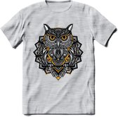 Uil - Dieren Mandala T-Shirt | Geel | Grappig Verjaardag Zentangle Dierenkop Cadeau Shirt | Dames - Heren - Unisex | Wildlife Tshirt Kleding Kado | - Licht Grijs - Gemaleerd - XL