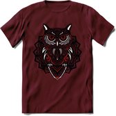 Uil - Dieren Mandala T-Shirt | Rood | Grappig Verjaardag Zentangle Dierenkop Cadeau Shirt | Dames - Heren - Unisex | Wildlife Tshirt Kleding Kado | - Burgundy - S