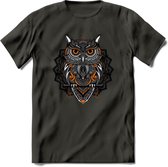 Uil - Dieren Mandala T-Shirt | Oranje | Grappig Verjaardag Zentangle Dierenkop Cadeau Shirt | Dames - Heren - Unisex | Wildlife Tshirt Kleding Kado | - Donker Grijs - L