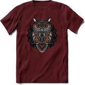 Uil - Dieren Mandala T-Shirt | Oranje | Grappig Verjaardag Zentangle Dierenkop Cadeau Shirt | Dames - Heren - Unisex | Wildlife Tshirt Kleding Kado | - Burgundy - XXL