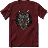 Uil - Dieren Mandala T-Shirt | Oranje | Grappig Verjaardag Zentangle Dierenkop Cadeau Shirt | Dames - Heren - Unisex | Wildlife Tshirt Kleding Kado | - Burgundy - M