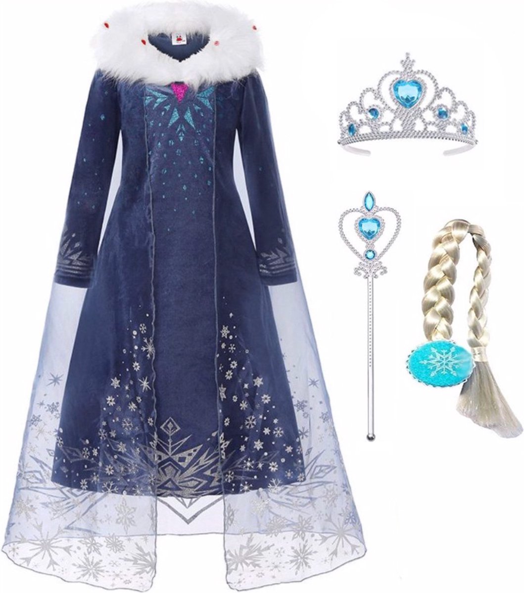 Prinsessenjurk meisje - Elsa jurk - maat 92/98 - inclusief Frozen tiara, toverstaf, Elsa haarvlecht - verkleedkleding