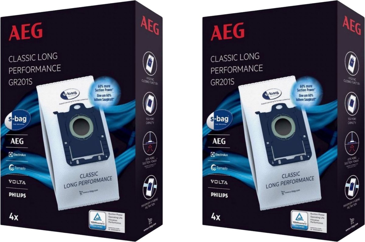 AEG - S-BAG stofzuigerzakken - voor Philips/AEG/Electrolux - long performance - GR201S - 8 stuks