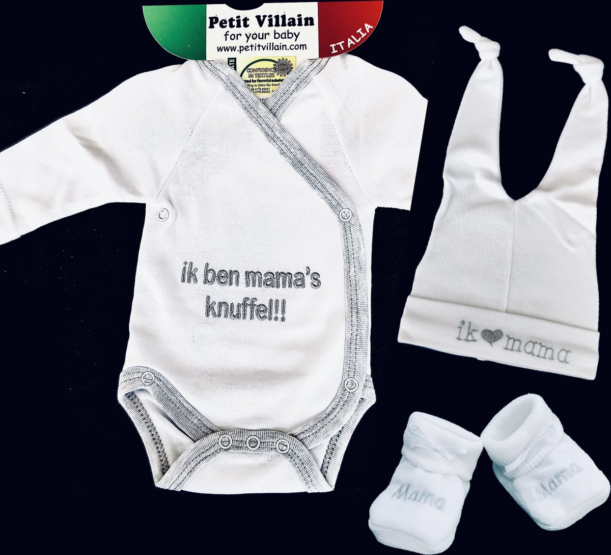 Petit Villain Baby Cadeauset / Kraamcadeau - 3-delig - Unisex - Romper+mutsje+slofjes - I ❤️ Mama - Wit/Grijs- Maat 56/62