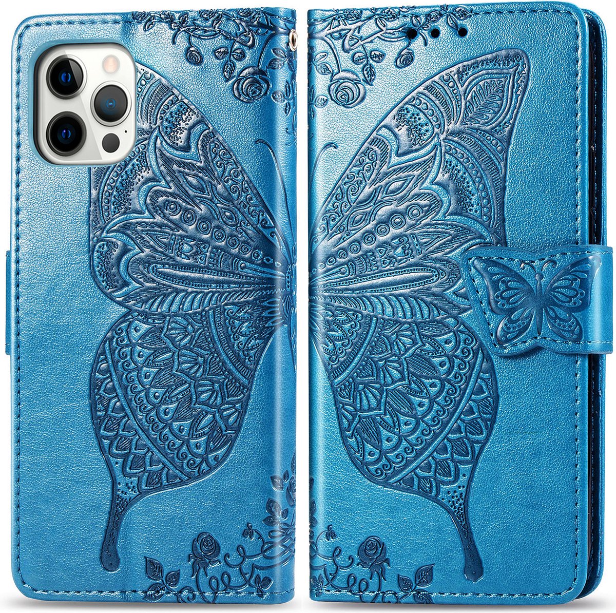 Bookcase geschikt voor Apple iPhone 12 / 12 Pro - Blauw - Vlinder - Portemonnee Hoesje