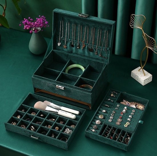 Boîte à bijoux de Luxe - Boîte à bijoux pour bijoux (bague, collier, boucles d'oreilles, montre) - Organisateur de bijouterie pour femme - Vert