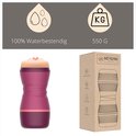 Paarse masturbator, 550 gram, 100% waterbestendig. Met verpakking en informatie over het product.