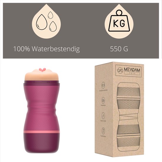 Paarse masturbator, 550 gram, 100% waterbestendig. Met verpakking en informatie over het product.