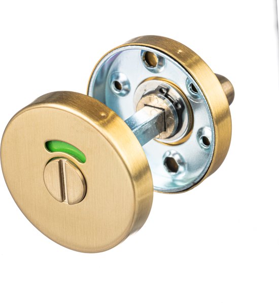 Mat gouden toiletdeurknop met vrij/bezet indicator (groen) en interne mechanisme.