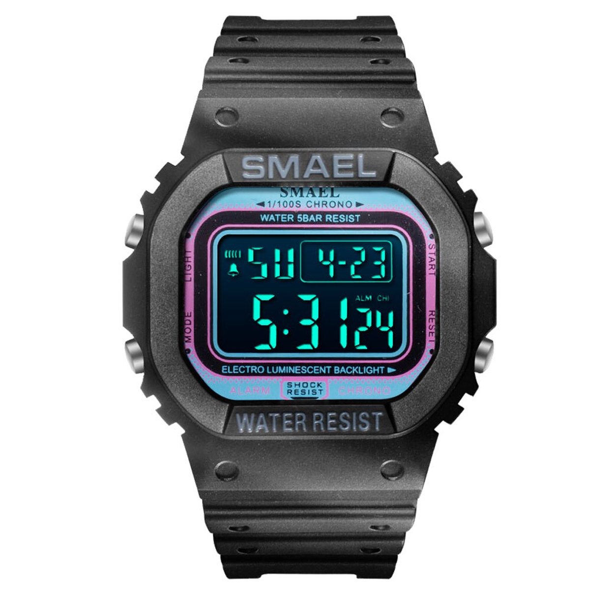 Digitaal Shockbestendig Heren Horloge Zwart blauw en paars | Smael | 1801 | Waterdicht | Glow in dark | Mud Master | Leger ARMY | Licht | Rubberen band | Timer | Eyecatcher | Master| kado