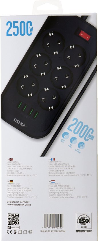 Eisenz SE6403 stekkerdoos met usb | 6 Stopcontacten en 4 USB-ingangen | Stekkerdoos usb, iPhone Lader en Samsung Lader | verlengsnoer met stekkerdoos, contactdoos | stekkerdoos met schakelaar - Eisenz