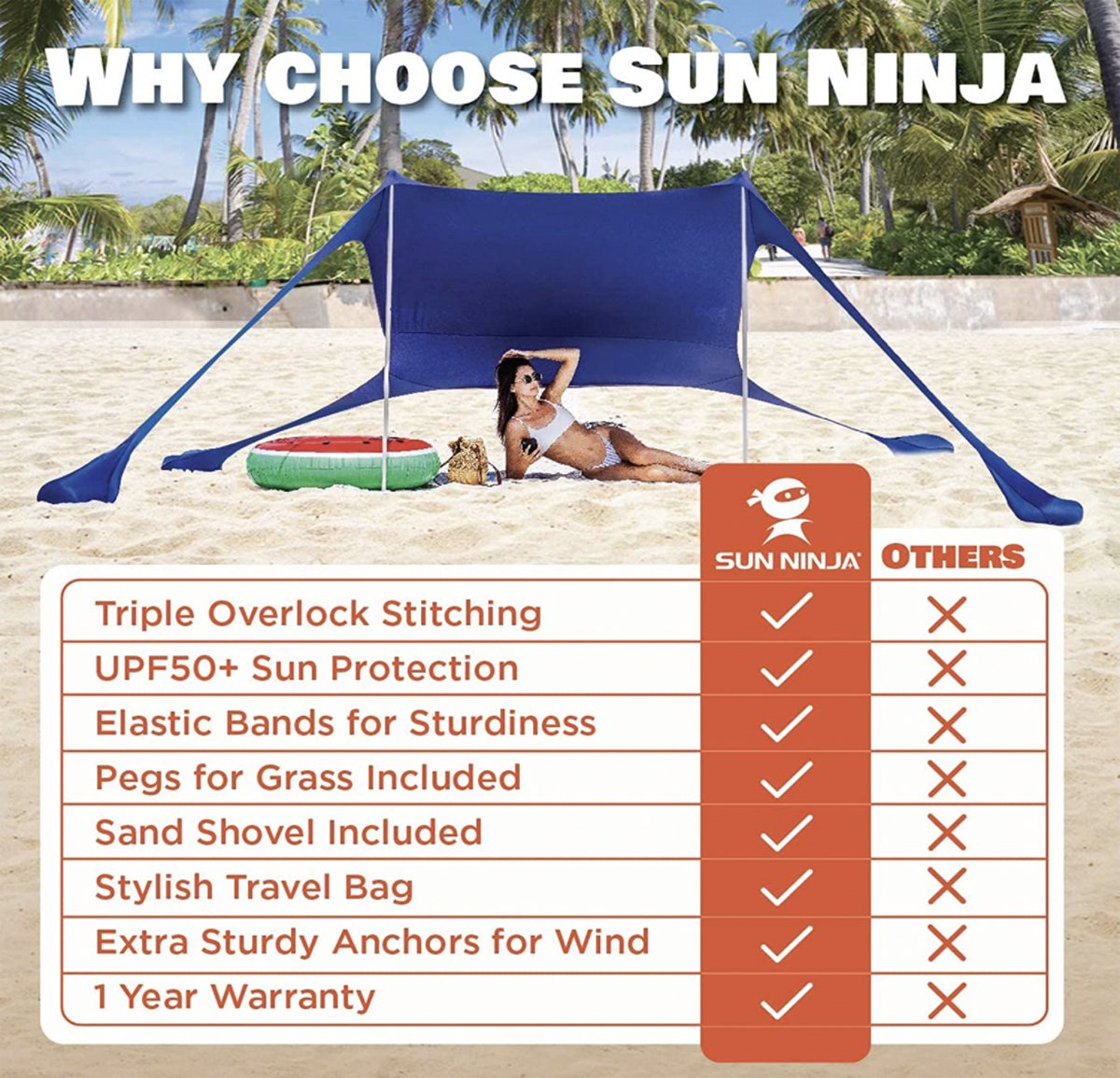 SUN NINJA Pop Up Beach Tent Sun Shelter UPF50+ met zandschep, grondharingen  en