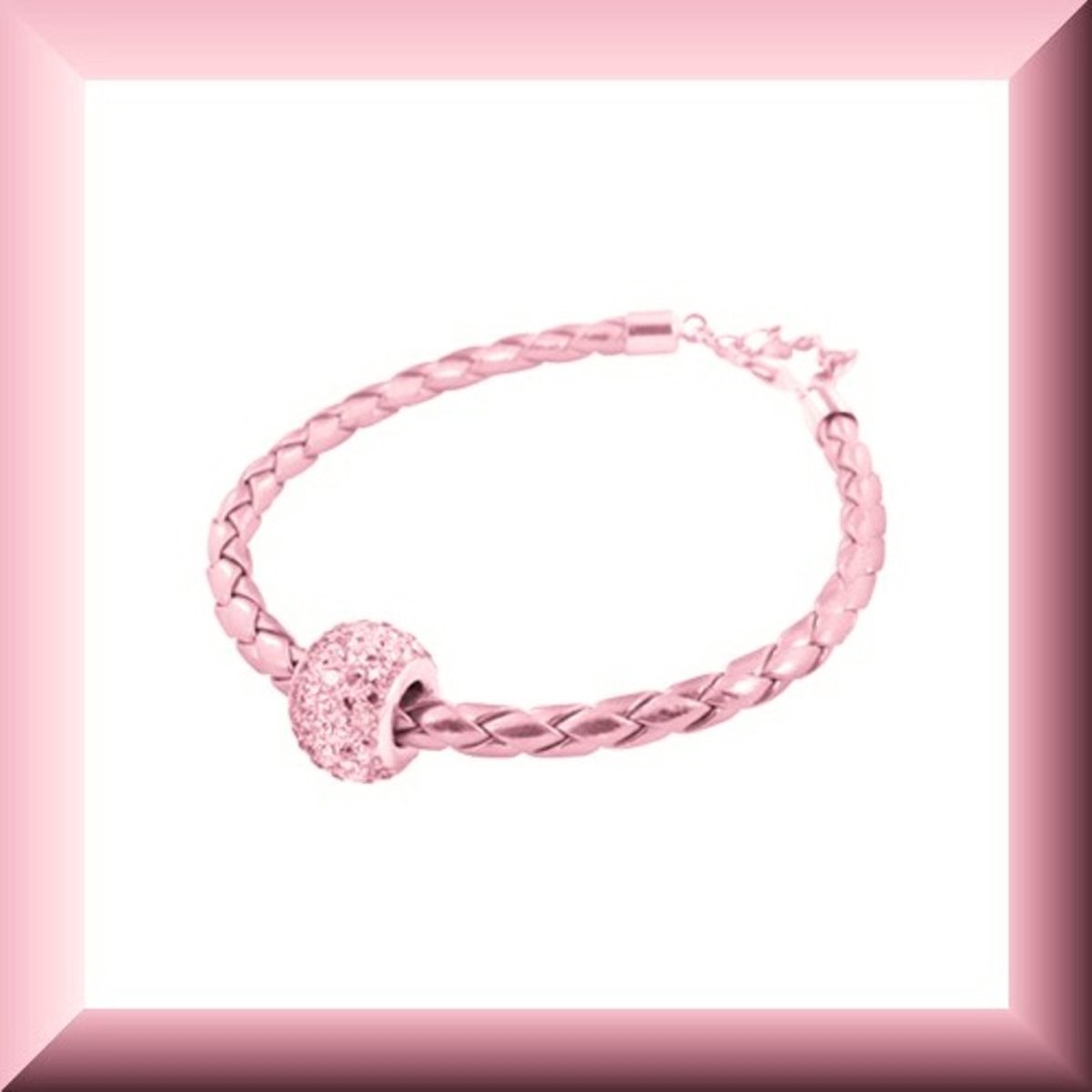 Hetty'S - Roze leren armband - gevlochten - slot is van echt zilver - kristallen bead - polsmaat 18,5 + verlengstuk van 3.5 cm