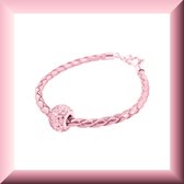 Hetty'S -  Roze leren armband - gevlochten - slot is van echt zilver - kristallen bead - polsmaat 18,5 + verlengstuk van 3.5 cm