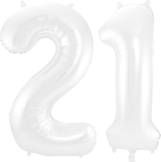 Folieballon 21 jaar metallic wit 86cm