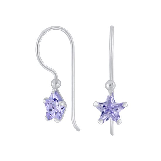 Joy|S - Zilveren classic ster oorhangers - lavendel zirkonia paars - oorbellen