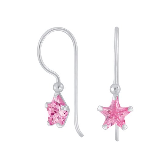 Joy|S - Zilveren classic ster oorhangers - zirkonia roze - oorbellen