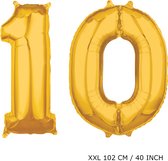 Mega grote XXL gouden folie ballon cijfer 10 jaar. leeftijd verjaardag 10. 115 cm 40 inch. Met rietje om ballonnen mee op te blazen.