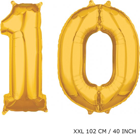 Mega grote XXL gouden folie ballon cijfer 10 jaar.  leeftijd verjaardag 10. 102 cm 40 inch. Met rietje om ballonnen mee op te blazen.