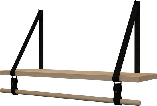 Plankje Roe 98cm - Handles and more® | ZWART (Complete set: leren plankdragers + plank eikenhout + roede)