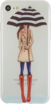 Peachy Regen paraplu meisje TPU hoesje iPhone 7 8 SE 2020 SE 2022 - Rode Laarsjes Trenchcoat - Doorzichtig