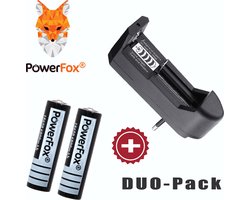 PowerFox® 2x 18650 Lithium batterij 3,7V 6800mAh + OPLADER (Geschikt voor 18650, 16340, 14500, 10440, 14500) batterijen.