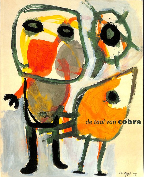 Abstracte schildering met de tekst "de taal van cobra" in gele letters. Geometrische figuren in rood, geel, grijs en zwart.
