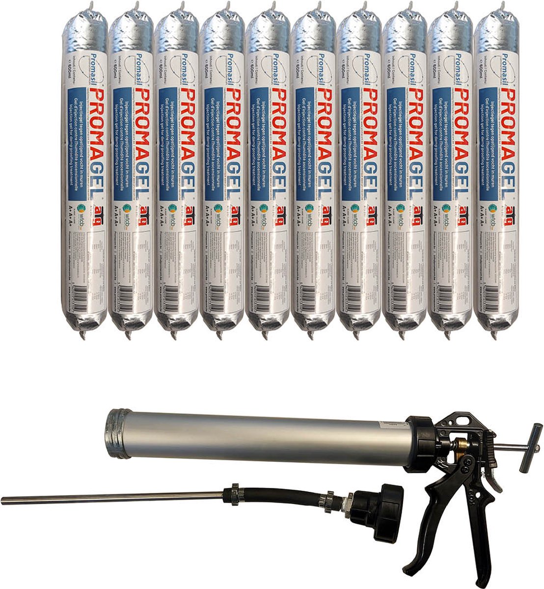 Promasil Promagel set - Injectiegel Opstijgend vocht worst 600 ml 10 stuks ATG nr 3107 (kwaliteitscertificaat) - WTCB A+A+A+ (hoogste kwaliteit) + professioneel injectiepistool - Promasil