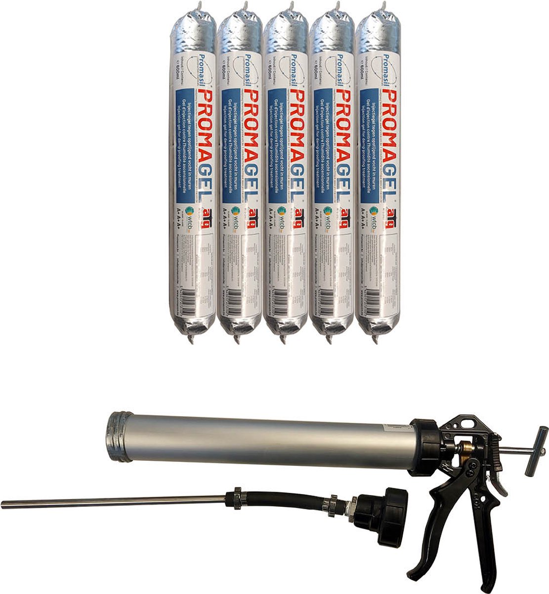 Promasil Promagel set - Injectiegel Opstijgend vocht worst 600 ml 5 stuks ATG nr 3107 (kwaliteitscertificaat) - WTCB A+A+A+ (hoogste kwaliteit) + professioneel injectiepistool - Promasil